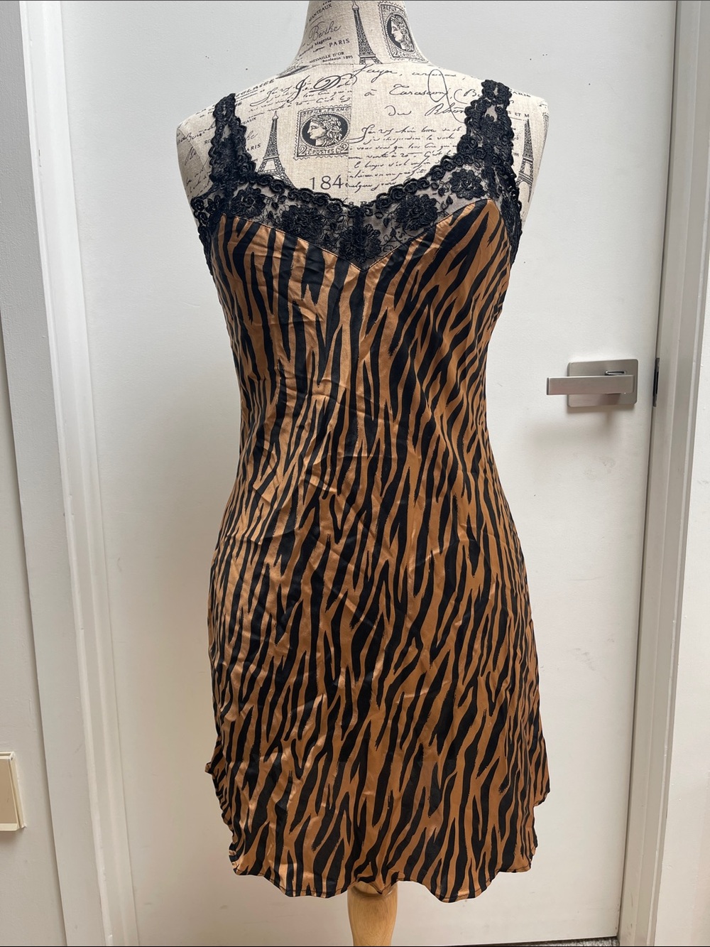 Women's Brown & Black Zebra Slip Dress with Lace Trim